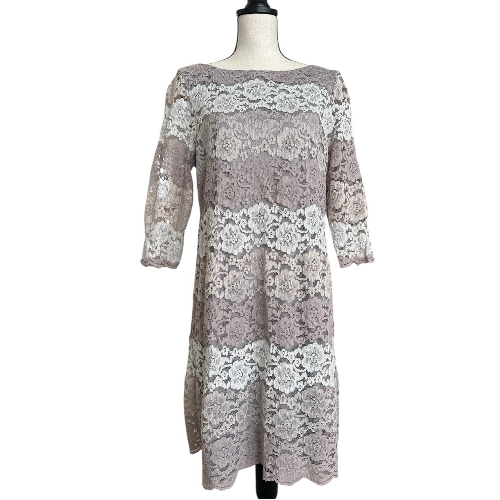 Jessica Howard Lace Shift Dress in Taupe and White, Size 14